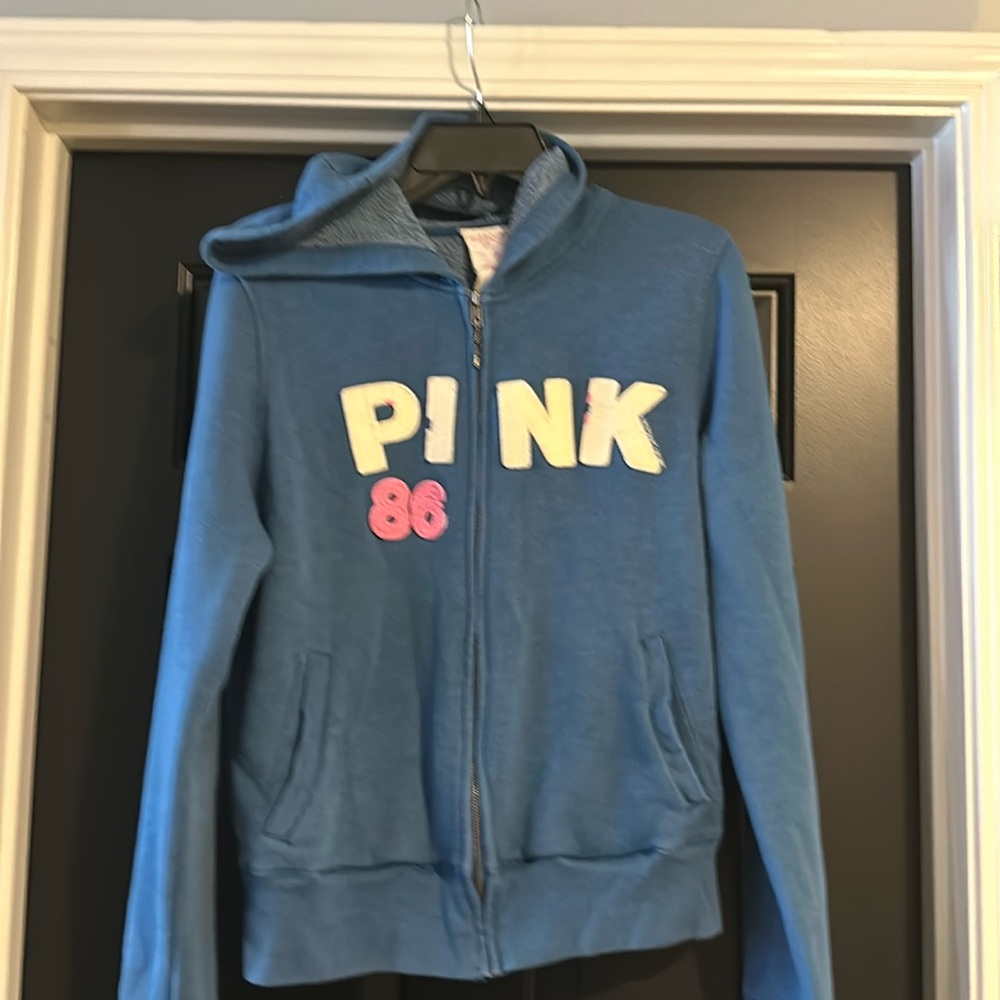 VS Pink zip up hoodie. Blue matching pants also listed